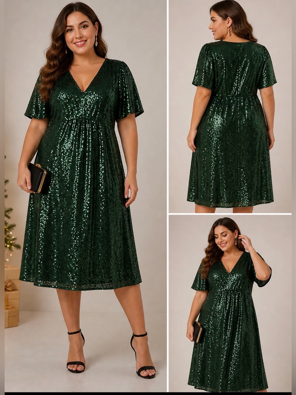 Lane Bryant Green Sequin Midi Dress V Neck Party Evening Plus Size